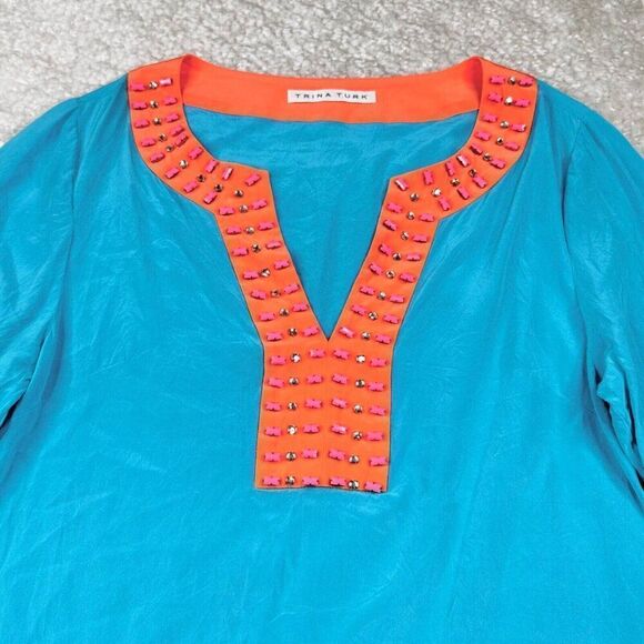 Trina Turk Silk Beaded Embellished Tunic Blue Orange - Picture 8 of 9